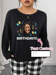 Plus Size Custom Birthday Portrait Funny Graphic Long Sleeve Knit Women, Casual Style, Fall/Winter Collection, Adult Home Wear Tops, Cozy