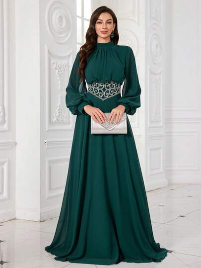  UNITHORSE Women's Stand Collar Lantern Sleeve Chiffon Waist Sequin Decor Fitted Long Evening Gown, Bridesmaid Dress, Wedding Dress, Graduation Dress, Formal Dress