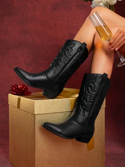 Women'S Cowboy Western Boots Point Toe Pull On Cowgirl Boots  Embroidered Detail Chunky Heeled Spring And Winter Back To School Party Festival Matching Dress Mid Calf Black Boots