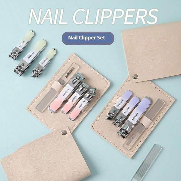 4pcs Nail Clipper Set, Portable Personal Straight & Curved Nail Clippers Set, PU Leather Case