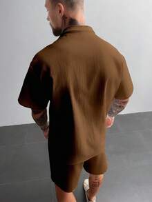 男士夏季两件套套装，轻盈透气的亚麻衬衫和抽绳短裤，复古绅士风格休闲沙滩婚礼派对度假旅行装，父亲节送给丈夫、爸爸、男友的礼物，舒适百搭 - 棕色 - 查看 8