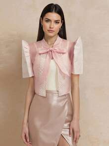 Amyenjoylife Modern Filipiniana Ladies' Elegant And Fashionable Bubble Sleeve Short Sleeved Cardigan Shirt