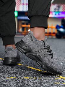 Men's Gray Knit Sneakers With Chunky Black Sole - Breathable Comfort For Urban Everyday Style, Year-Round Shoes For Men​ - 彩色 - 查看 4