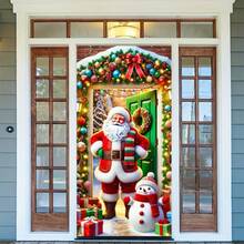 Cortina de puerta versátil de poliéster con Papá Noel y muñeco de nieve - Diseño rústico vintage para Navidad, Halloween, Acción de Gracias y talla grande - 35.43x70.87 pulgadas, ideal para Navidad, perfecta para Acción de Gracias