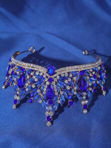 1 pieza Elegante y lujoso tocado de corona barroca con rhinestones para mujer, accesorio para el cabello de novia y boda, tiara romántica de princesa para fiesta de baile, accesorio de San Valentín - Azul - Ver 3