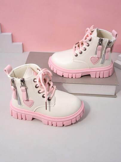 Children's Short Boots, New Autumn/Winter Girls Boots, Casual Kids Shoes, Mid-Top Lace-Up Side Zipper Ankle Boots, Pink