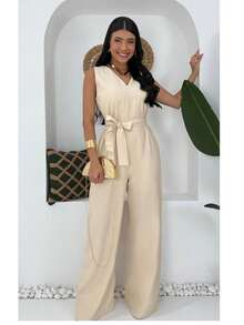 Women's Jumpsuit Roman Pantaloons Tie-Up Elegant Chic Simple Pocket Knot With Belt - 米色 - 查看 1