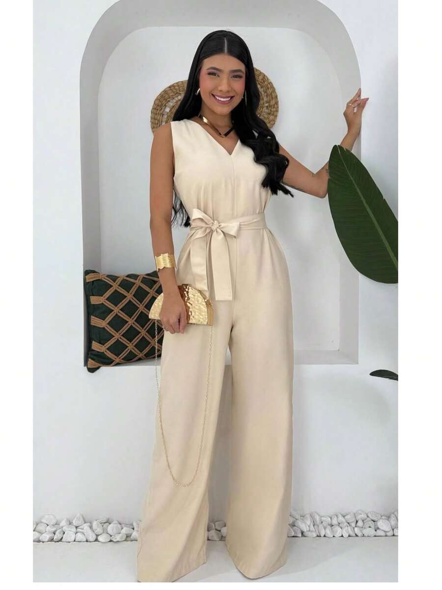 Women's Jumpsuit Roman Pantaloons Tie-Up Elegant Chic Simple Pocket Knot With Belt - 米色 - 查看 1