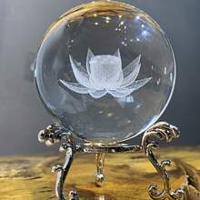 Bola de Cristal Tallada de Loto de 2.4 pulgadas (60mm) con Soporte Plateado, Bola de Cristal Fengshui Decoración para el Hogar - 3 estilos - Ver 4