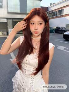 alicegarden 额头蕾丝 4 * 1，额头蕾丝直发假发，红色 28 英寸日常自然半编织，自然日常使用逼真假发 - 紅色 - 查看 2