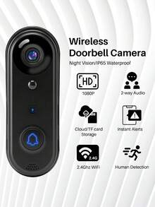 1080P Wireless Video Doorbell Camera, 2.4Ghz WiFi, HD Live Video, Two Way Audio, Night Vision, Human Detection, Free Cloud Storage And SD Card Storage,Instand Alert, Easy To Install, Weather Resistance, Outdoor/Indoor, Wireless Indoor Chime - màu đen - Xem 4