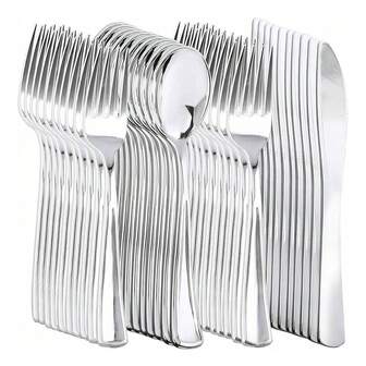 100 pièces Set de couverts argentés, comprenant 50 fourchettes de dessert robustes, 25 couteaux et 25 cuillères, convient pour les fêtes, les rassemblements du Nouvel An et les fiançailles