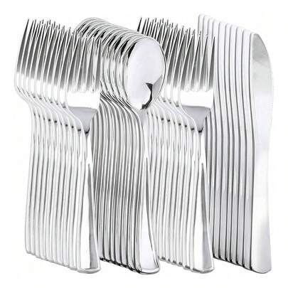 Conjunto de talheres de prata com 100 peças, incluindo garfos de sobremesa resistentes, facas e colheres, 50 garfos, 25 facas e 25 colheres, adequado para festas, reuniões de ano novo e noivados.