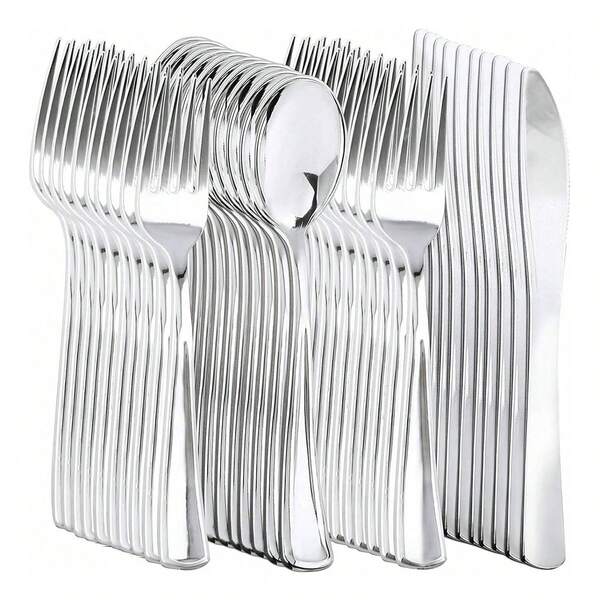 Conjunto de talheres de prata com 100 peças, incluindo garfos de sobremesa resistentes, facas e colheres, 50 garfos, 25 facas e 25 colheres, adequado para festas, reuniões de ano novo e noivados.