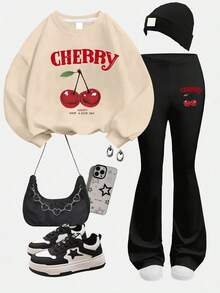 2pcs Set Teen Girls Sweet Cherry Print Sweatshirt Set, Soft & Comfortable, Spring & Autumn Daily Casual Wear - Apricot - View 2