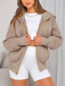 Women Casual Zipper Hoodie Long Sleeve Sweatshirt Y2K Hooded Jacket Fall Autumn Winter Going Out Clothes - Màu xám kaki - Xem 6