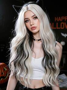 26 Inch Silver White Mix Black Wig Long Wavy Synthetic Wigs Multicolor Cosplay Halloween Fake Hair For Women Heat Resistant,Natural Sexy Simple Casual Sports Preppy Cosplay Heat Resistant Fake Hair Or Holiday Party Everyday Wear,Halloween Christmas Gifts, Gifts For Girlfriends,Gifts For Girlfriends - Piano Color - View 1