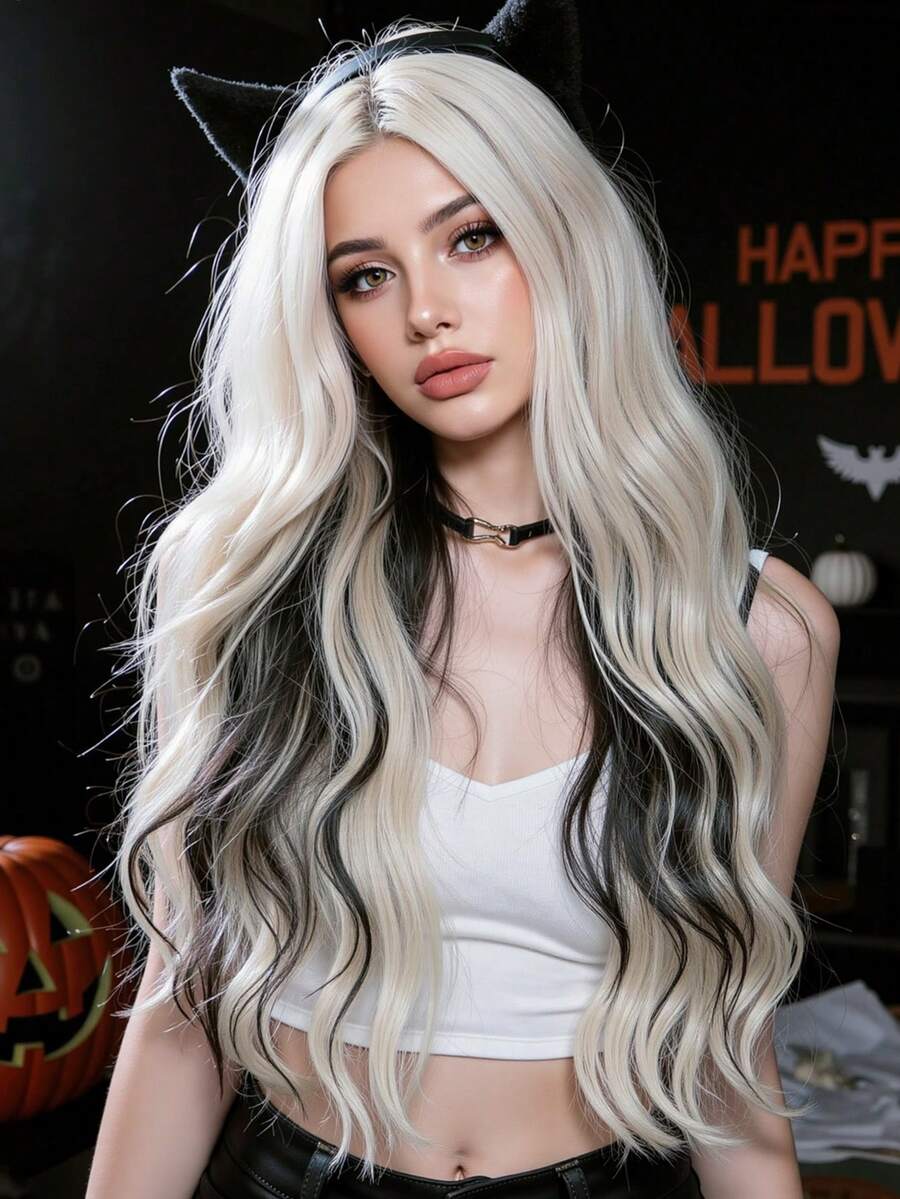 26 Inch Silver White Mix Black Wig Long Wavy Synthetic Wigs Multicolor Cosplay Halloween Fake Hair For Women Heat Resistant,Natural Sexy Simple Casual Sports Preppy Cosplay Heat Resistant Fake Hair Or Holiday Party Everyday Wear,Halloween Christmas Gifts, Gifts For Girlfriends,Gifts For Girlfriends - Piano Color - View 1