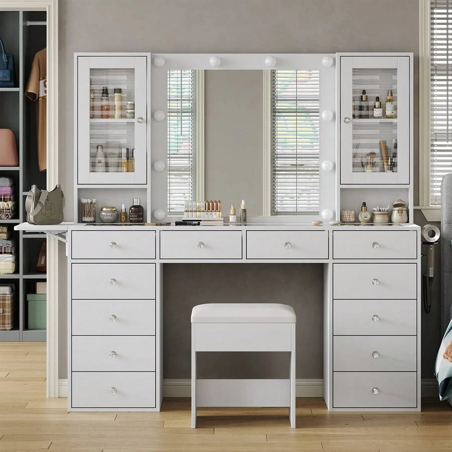 FUSOU Dressing Table With Mirror & LED Lights, Vanity Desk With 12 Drawers, 2 Cabinets, Fold-Up Panel, Glass Top & Chair, White Makeup Table For Bedroom