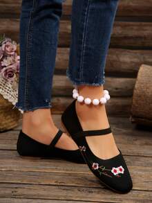Zapatos planos de mujer para otoño/invierno con suela suave, punta cuadrada, banda elástica y bloques de color, aptos para uso interior y exterior - Bordado negro - Ver 7