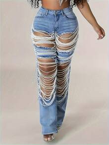Women's Sexy Tight Elastic Tear Pearl Decoration Jeans Blue Autumn Pants - Rửa nhẹ - Xem 4