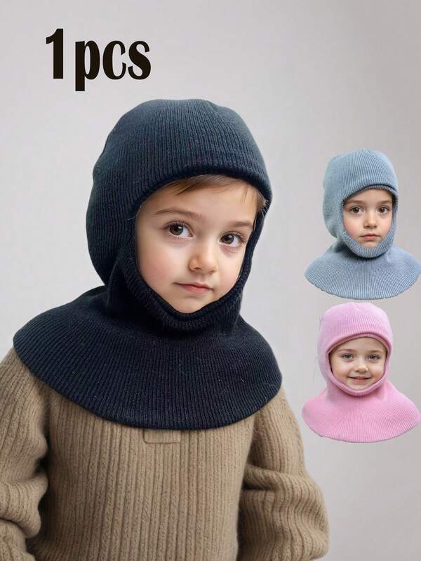 1pc Unisex Kids Balaclava Knit Hat, Children's Warm Solid Color Beanie, Winter Knitted Cap