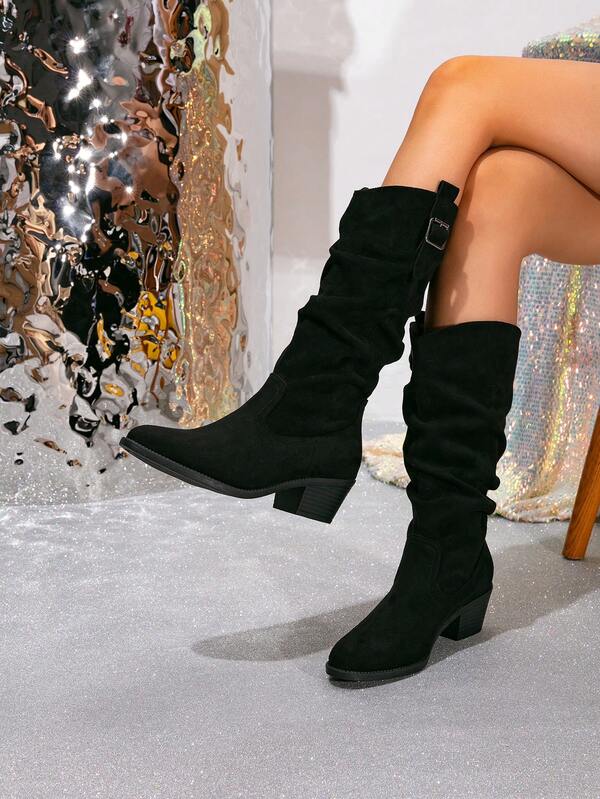 Women's Mid-Calf Boots - Western Style Side Zipper Pleated Slouch Boots - Autumn/Winter Thick Heel Suede Over-The-Knee High Boots - European Round Toe Thick Heel Non-Slip Slim Long Boots - Comfortable Walking Boots High Shaft Riding Boots - Slip-On Winter Boots