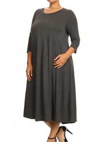 Plus Size Casual 3/4 Sleeves Basic A-Line Pleated Solid Midi Dress  Wedding - Charcoal - View 2