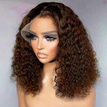 200% 密度 12 英寸卷发假发 Jerry Curly 13x4 高清透明蕾丝前假发 棕色 预拔 200% 密度真人混合头发 棕色 女士蕾丝前假发