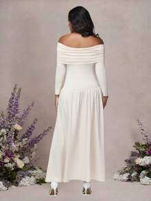 JustVH Maternity Off Shoulder Long Sleeve Solid Color Dress Autumn And Winter Pregnant Maxi Dress For Baby Shower Party, Gender Reveal