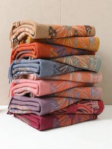 1 件女士秋冬仿羊绒花卉提花时尚百搭空调披肩开衫，厚实保暖，适合日常使用，斗篷围巾流苏厚实保暖女士围脖 - 彩色 - 查看 1