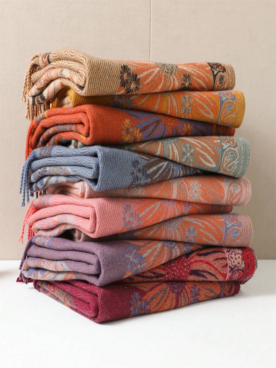 1 件女士秋冬仿羊绒花卉提花时尚百搭空调披肩开衫，厚实保暖，适合日常使用，斗篷围巾流苏厚实保暖女士围脖 - 彩色 - 查看 1