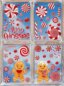 New 9 Sheets Christmas Window Clings Gingerbread Man Candy Window Decals Oil Painting Christmas Red Candy Stickers For Xmas Home Office Decor Winter Glass Window Decoration,ChristmasChristmas Window Clings Xmas House Town Style Window Decals Double-Sided Winter Snowflake Window Decor