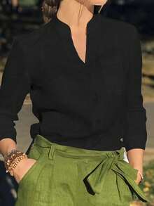 Camisa Casual de Botão com Bolso de Cor Sólida Plus Size para Mulheres, Manga Longa, Top Simples Tipo Túnica, Ajuste Relaxado para o Dia a Dia no Outono, Inverno e Primavera