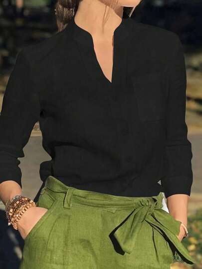 Plus Size Women's Casual Solid Color Button Down Pocket Shirt Long Sleeve Simple Tunic Blouse Top Relaxed Fit For Everyday Fall Winter Spring