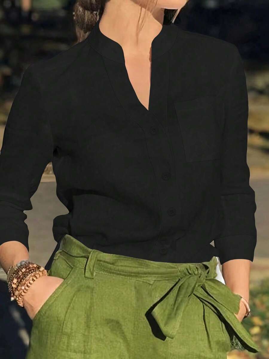 Camisa Casual de Botão com Bolso de Cor Sólida Plus Size para Mulheres, Manga Longa, Top Simples Tipo Túnica, Ajuste Relaxado para o Dia a Dia no Outono, Inverno e Primavera