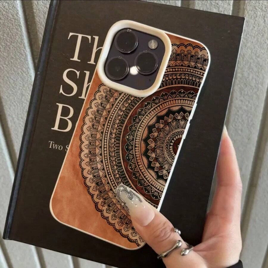 1pc TPU Material Vintage Brown Circle Pattern Phone Case Compatible With Iphone/ Phones - أبيض - مشاهدة 1