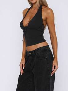 女士时尚V领花卉蕾丝拼接系带吊带背心休闲黑色夏季 - 黑色 - 查看 2