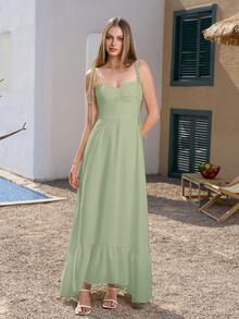 PARTHEA 露背褶皱紧身吊带长裙，夏季优雅 - 綠色 - 查看 4