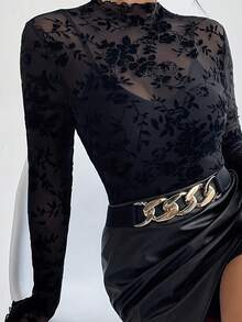 Women Basic Mesh Tops Casual Floral Prints Sheer Mock Neck Long Sleeve Shirt Blouses For Club Streetwear - 黑色 - 查看 4