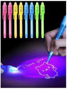 12pcs Random Color Invisible Ink Marker Pen With LED UV Light, Ballpoint Pen For Secret Message, Game Gift, Calligraphy Pen, UV Party Gift, Random, Transformable Pen, Gift - Multicolor - View 1