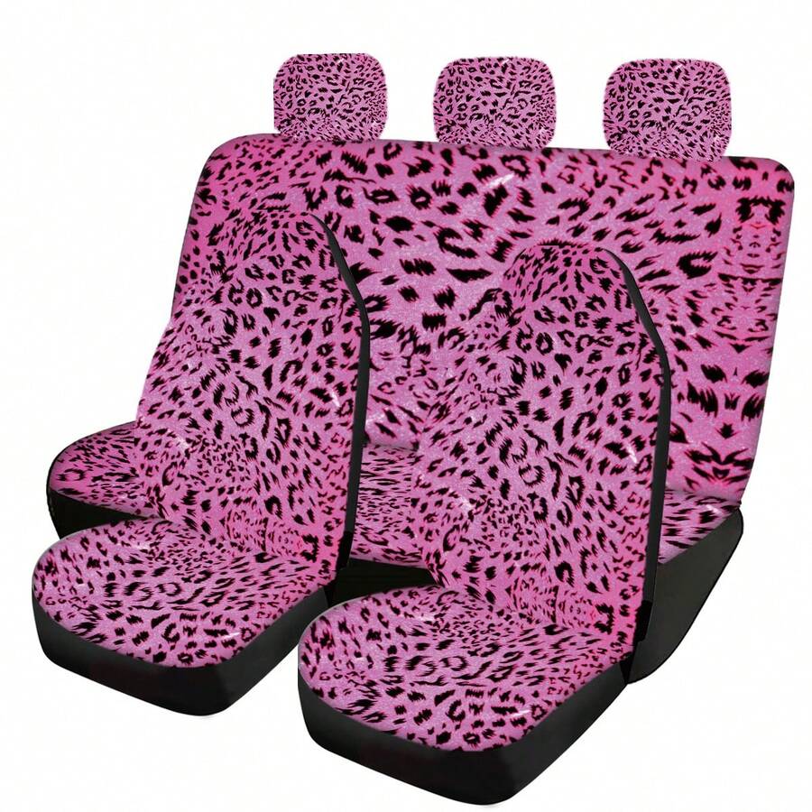 5 座全覆盖虎纹织物汽车内饰座椅套套装，包括座椅套、头枕套、座椅保护套，适合所有季节，适合多种车型，全面保护（粉色和洋红色虎纹） - 均碼 - 查看 1