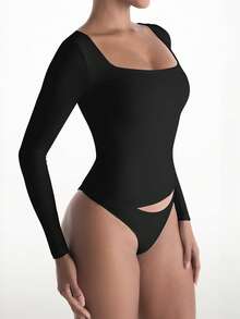 XLLAIS 纯色长袖休闲上衣，春季V领女式T恤，秋冬服装，情人节黑色 - 黑色 - 查看 3