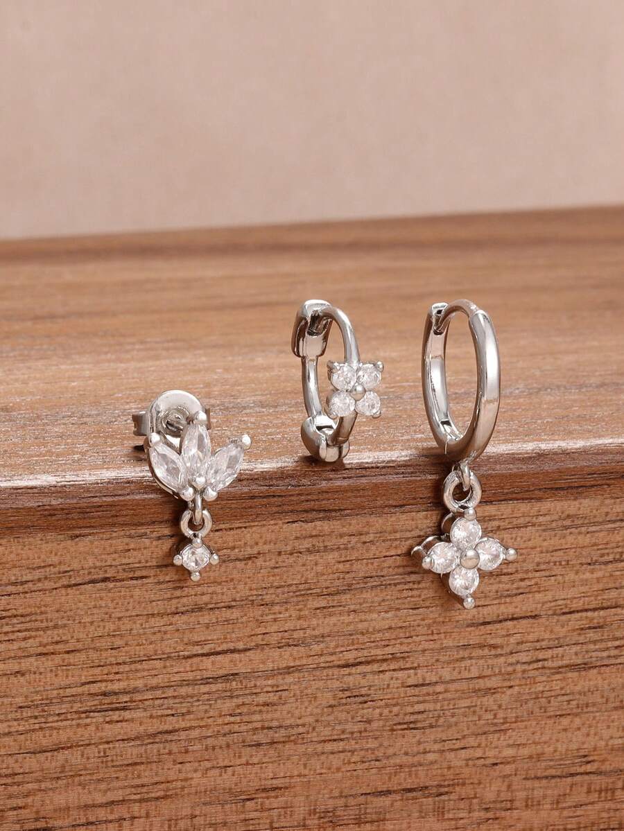 3 件套花朵锆石耳环套装，女士适用，18K 镀金防过敏耳屏耳轮圈耳钉软骨穿孔饰品，适合日常佩戴 - 銀-9 - 查看 1