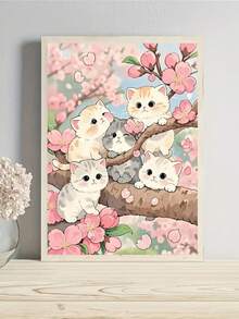 1pc Romantic Spring Sakura Cute Cats Diamond Painting Kit - Mosaic Craft, 30X40 Size, Pink Sakura Blooming Surrounding 5 Adorable Cats, Cozy Healing Artwork Design, Immersive Handmade Stress Relief, Home Decor Art | DIY Craft Lover's Holiday Surprise Gift