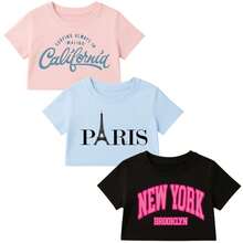 Conjunto Meninas Blusa Infantil 3 T-Shirt Estilosa Mini Diva Roupa De Blogueirinha Fashion Style Modinha - Rosa-Azul-Preto - Visão 2