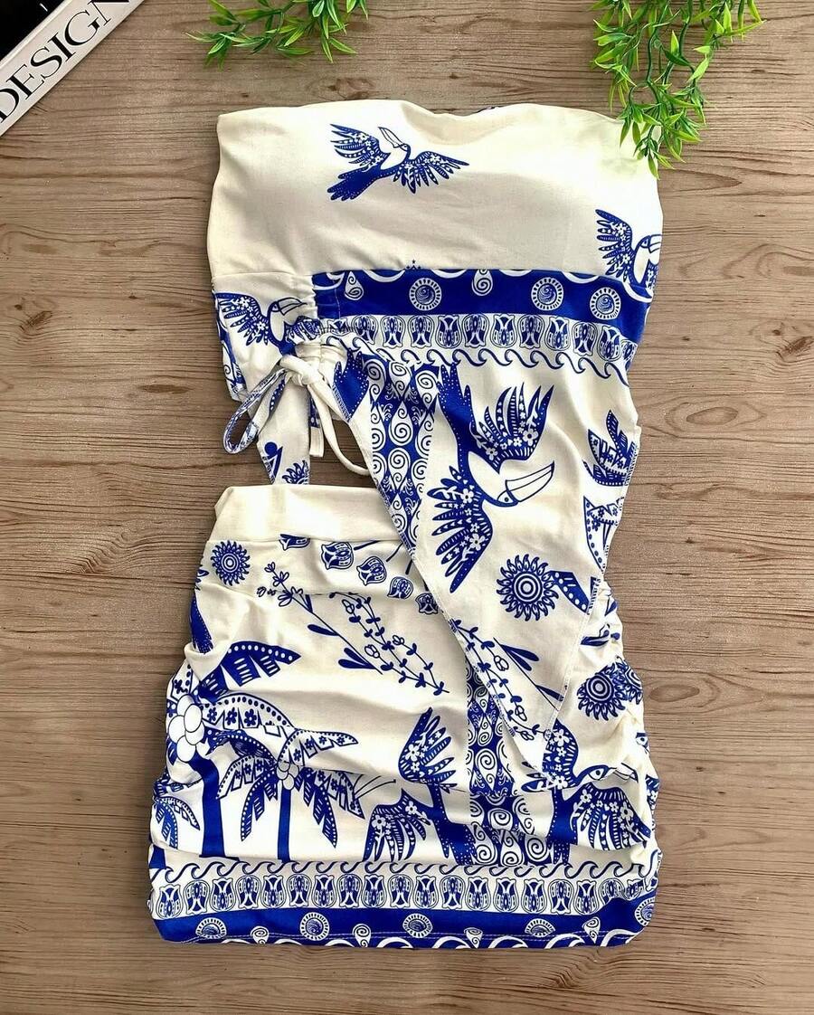 Women's Printed Cropped Set With Mini Skirt And Bow - 藍色 - 查看 1