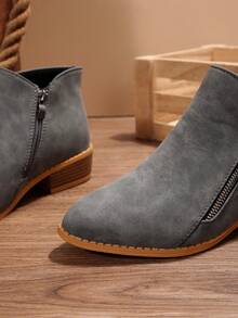 Women's Chunky Heel Ankle Boots, Low Heel Side Zipper Short Boots, Solid Color Pointed Toe Ladies Boots, Suitable For Holidays, Vacations And Travel, Classic Versatile Women Boots - Grey - View 4