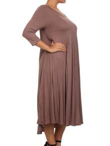Plus Size Casual 3/4 Sleeves Basic A-Line Pleated Solid Midi Dress  Wedding - Mocha Brown - View 3