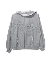 2024 Autumn Grey Lace Pearl Hooded Sweatshirt Jacket For Women, Loose Fit Flattering Design With Zipper